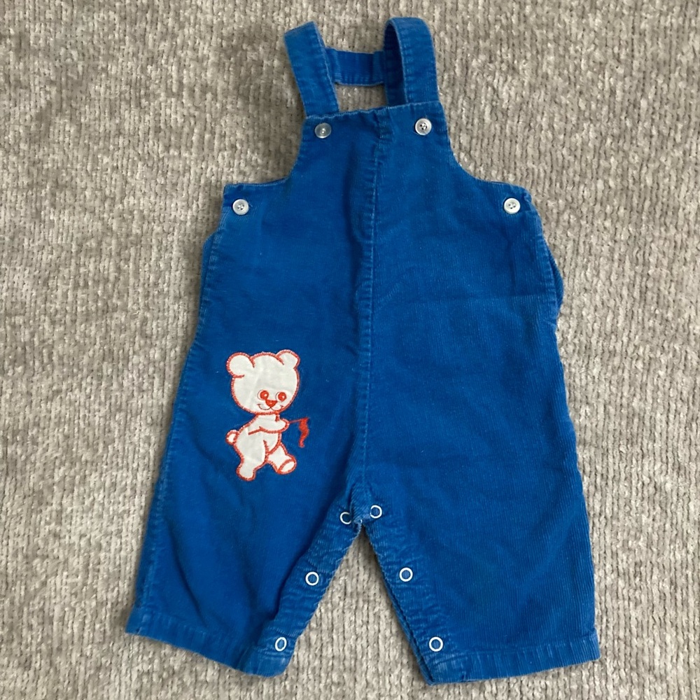 Vintage Health-tex 9M Blue Corduroy Overalls Bear Appliqué USA Retro Baby